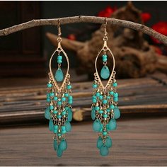 Серьги, золотой, бирюзовый, зеленый Нет бренда