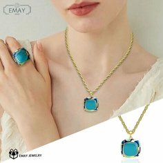 Колье Emay, искусственный камень, кошачий глаз, золотой, голубой