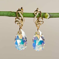 Серьги, кристаллы Swarovski, стекло, кристалл, размер 42 мм, золотой, бесцветный, белый Нет бренда