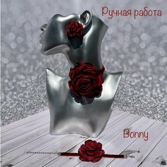 Комплект бижутерии: серьги, браслет, чокер, размер браслета 18 см, размер колье/цепочки 40 см, бордовый, красный Нет бренда