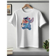 Футболка ONEQ унисекс 50-52 (XL) размер с принтом Стич, белая, размер XL, белый