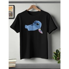 Футболка ONEQ унисекс 68-70 (6XL) размер с принтом Стич, черная, размер 6XL, черный