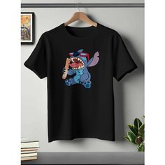 Футболка ONEQ унисекс 50-52 (XL) размер с принтом Стич, черная, размер XL, черный