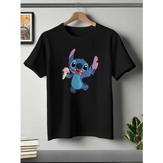 Футболка ONEQ унисекс 68-70 (6XL) размер с принтом Стич, черная, размер 6XL, черный