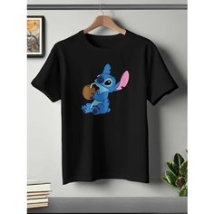 Футболка ONEQ унисекс 68-70 (6XL) размер с принтом Стич, черная, размер 6XL, черный