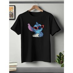 Футболка ONEQ унисекс 68-70 (6XL) размер с принтом Стич, черная, размер 6XL, черный