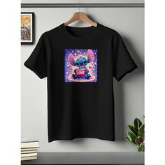 Футболка ONEQ унисекс 56-58 (3XL) размер с принтом Стич, черная, размер 3XL, черный