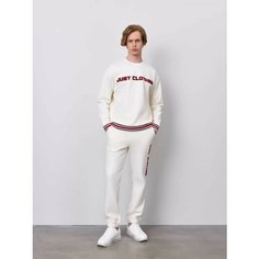 Брюки спортивные JUST CLOTHES Молочный,красный. Декор махровая нашивка логотипа. Пояс резинка, шнурок. Карманы спереди 2 б/заст, с, размер S, молочный