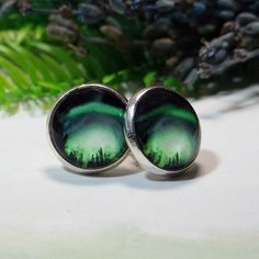 Серьги пусеты, стекло, черный, серебряный, зеленый Нет бренда