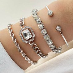 Плетеный браслет Fashion jewelry, пластик, 4 шт., размер 17 см, размер one size, диаметр 6 см, серебристый