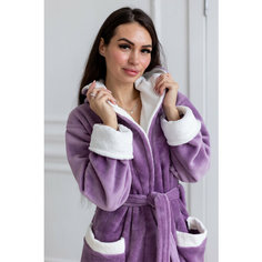 Халат Comfort FASHION домашний теплый женский с капюшоном на запах, размер M, сиреневый баклажан