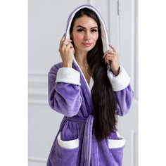 Халат Comfort FASHION домашний теплый женский с капюшоном на запах, размер S, фиолетовый/белый