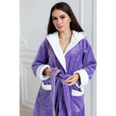 Халат Comfort FASHION домашний теплый женский с капюшоном на запах, размер M, фиолетовый/белый