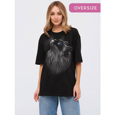 Футболка АРТ-ИМПЕРИЯ светящаяся с принтом Котик OVERSIZE, размер oversize(48-56), черный