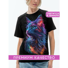 Футболка АРТ-ИМПЕРИЯ светящаяся с принтом Космическая Кошка, размер XS, черный