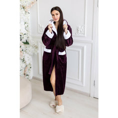 Халат Comfort FASHION домашний теплый женский с капюшоном на поясе, размер L, темный баклажан
