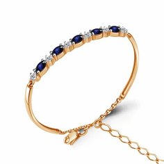 Жесткий браслет Diamant online, серебро, 925 проба, золочение, фианит, сапфир синтетический, длина 23 см., темно-синий