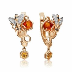 Серьги PLATINA, красное золото, 585 проба, родирование, топаз, цитрин, янтарь, , золотистый Платина