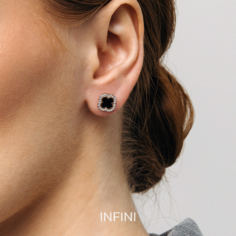 Серьги пусеты Infini, красное золото, 585 проба, родирование, фианит, размер 10 мм, длина 1 см, , черный/белый