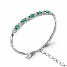 Жесткий браслет Diamant online, серебро, 925 проба, родирование, фианит, изумруд синтетический, длина 19 см., зелeный