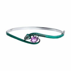 Жесткий браслет Diamant online, серебро, 925 проба, родирование, эмаль, фианит, аметист, длина 18 см., фиолетовый/зеленый