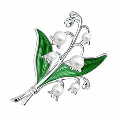 Брошь Diamant online, серебро, 925 проба, родирование, эмаль, жемчуг, жемчуг имитация, размер 4.9 см., , зеленый/белый