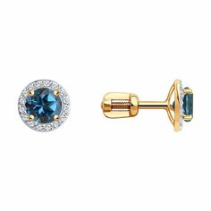 Серьги пусеты Diamant online, красное золото, 585 проба, фианит, Лондон топаз, длина 0.8 см, , голубой