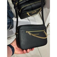 Сумка кросс-боди MICHAEL KORS Сумка женская кроссбоди без лого с золотой фурнитурой с цепью Jet Set Large Saffiano Leather Crossbody Bag Black Gold 35S1GTTC7L, фактура зернистая, матовая, рельефная, черный