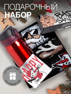 Новогодний подарок. подарочный набор термос и носки 3 пары kaftan bad santa, размер 41-44 (27-29 см)