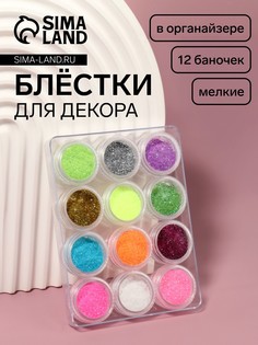 Блестки для декора, мелкие, в пластиковом органайзере, набор 12 баночек, разноцветные QF