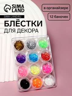 Блестки для декора, крупные, набор 12 баночек, в пластиковом органайзере, разноцветные QF