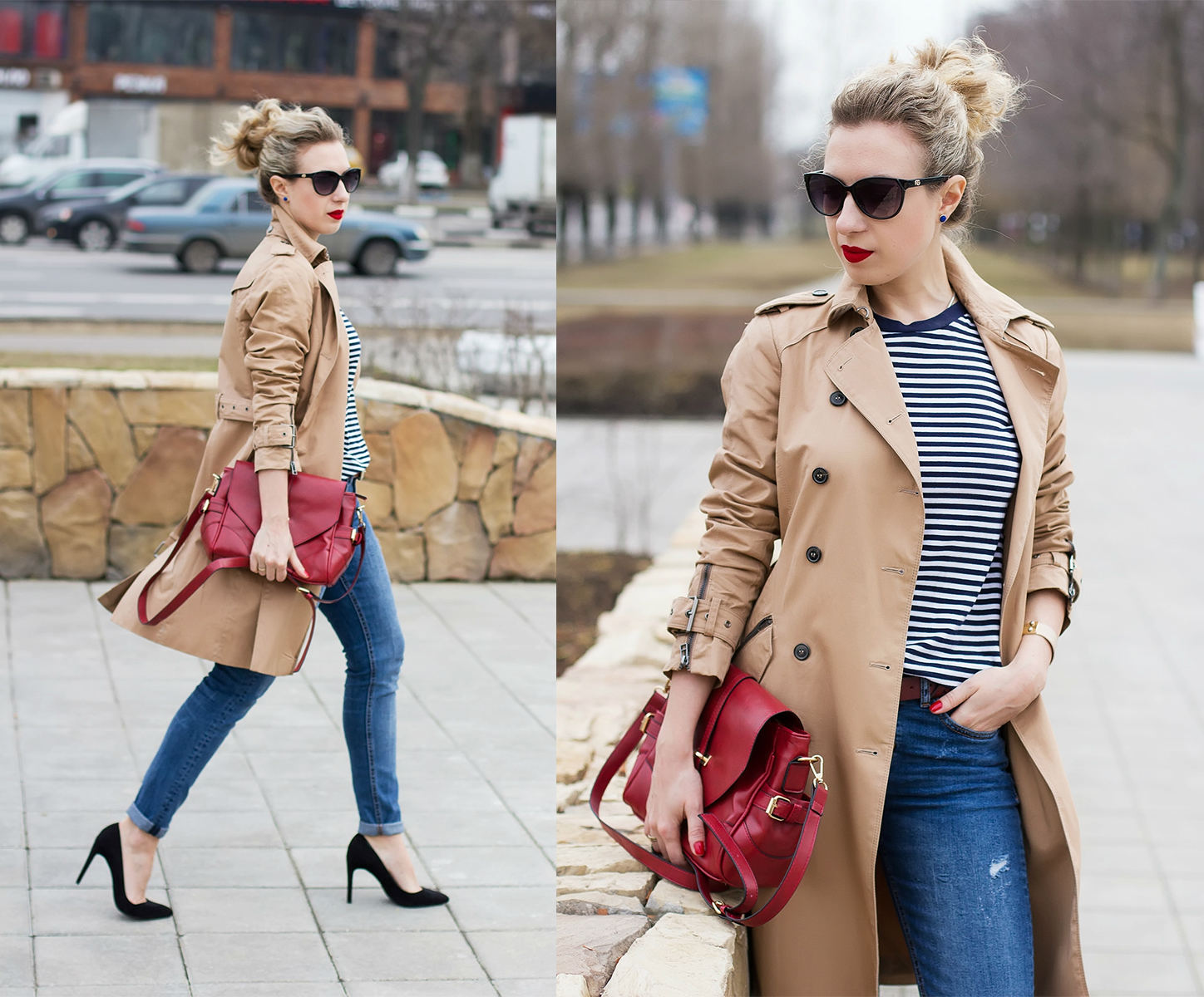 Trench coat, strypes & red lips