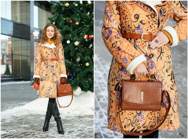 Floral print sheepskin coat